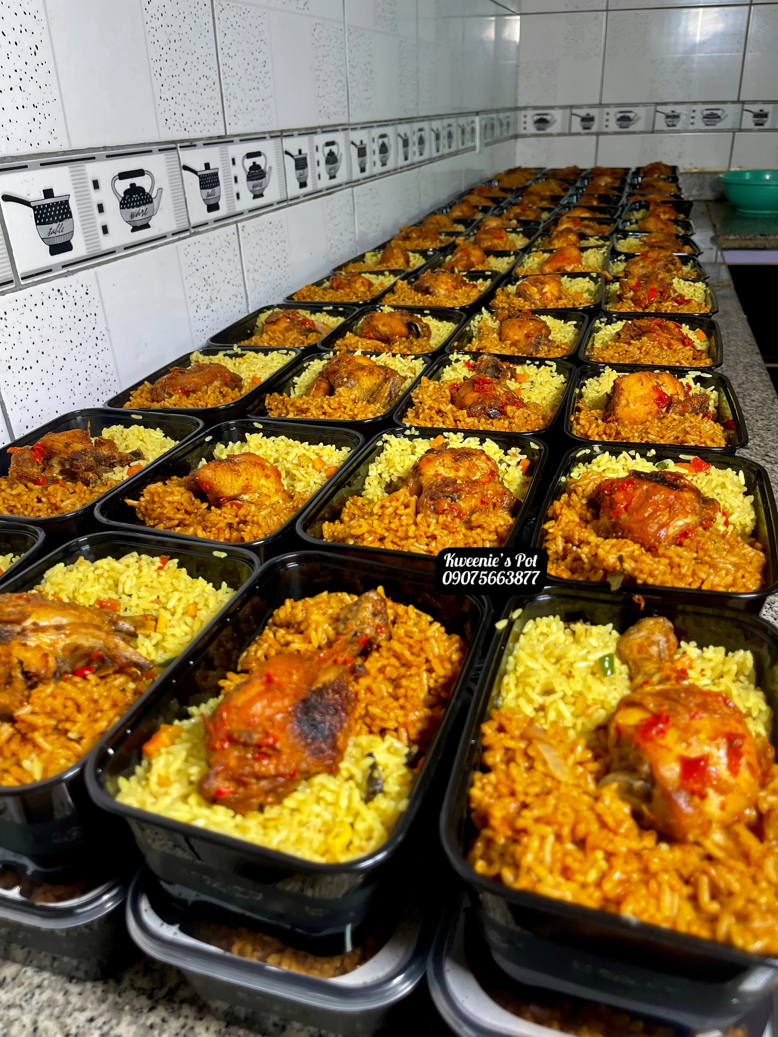 Rows of jollof rice trays prepared for bulk delivery