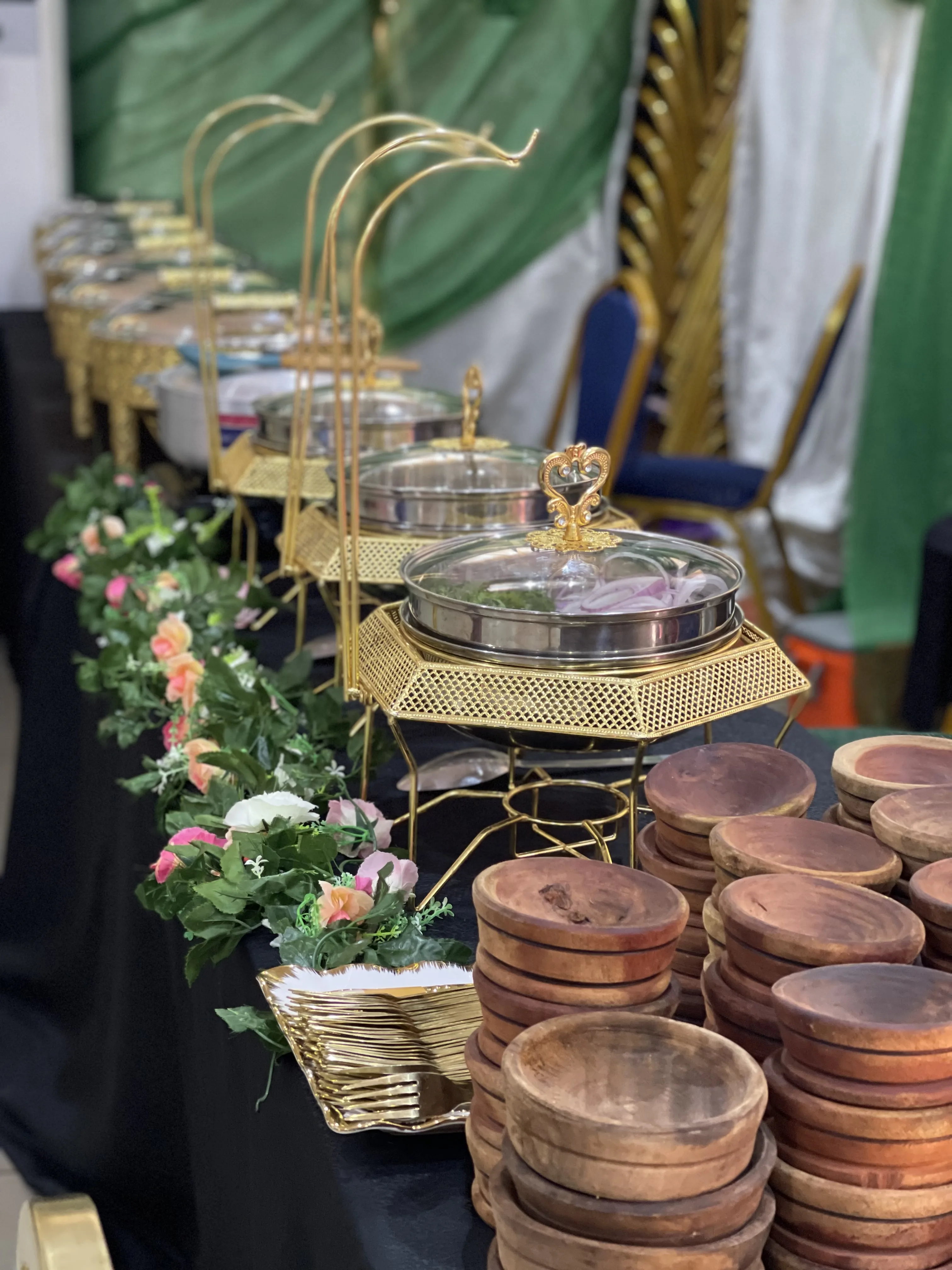 Elegant buffet setup with chafing dishes at an event